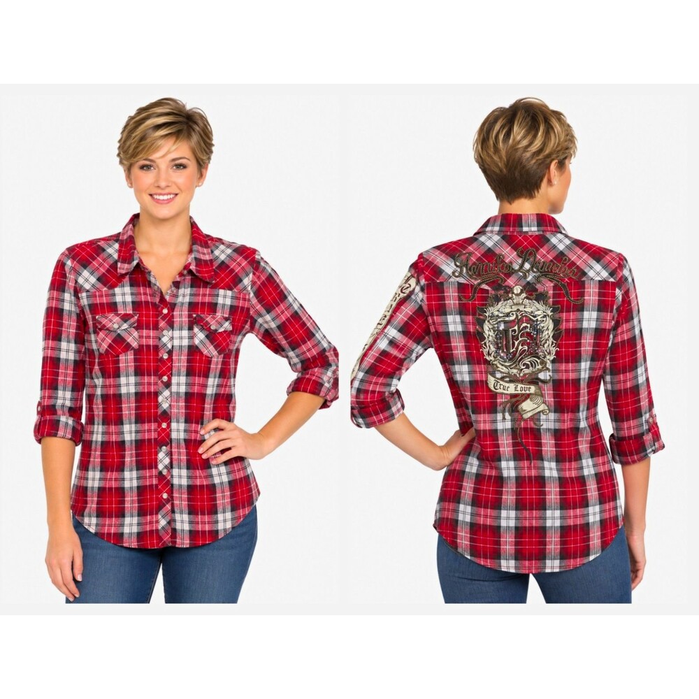 Womens Red Plaid Button Shirt Top  L Pearl Snap graphic western rodeo cowgirl
